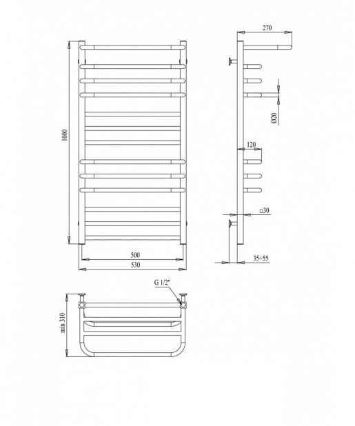 Розміри Сушка для рушників з 13 поперечинами 530 х 1000 мм Paladii Естет Хром 30х20 ВР 1/2 дюйма ЕС005