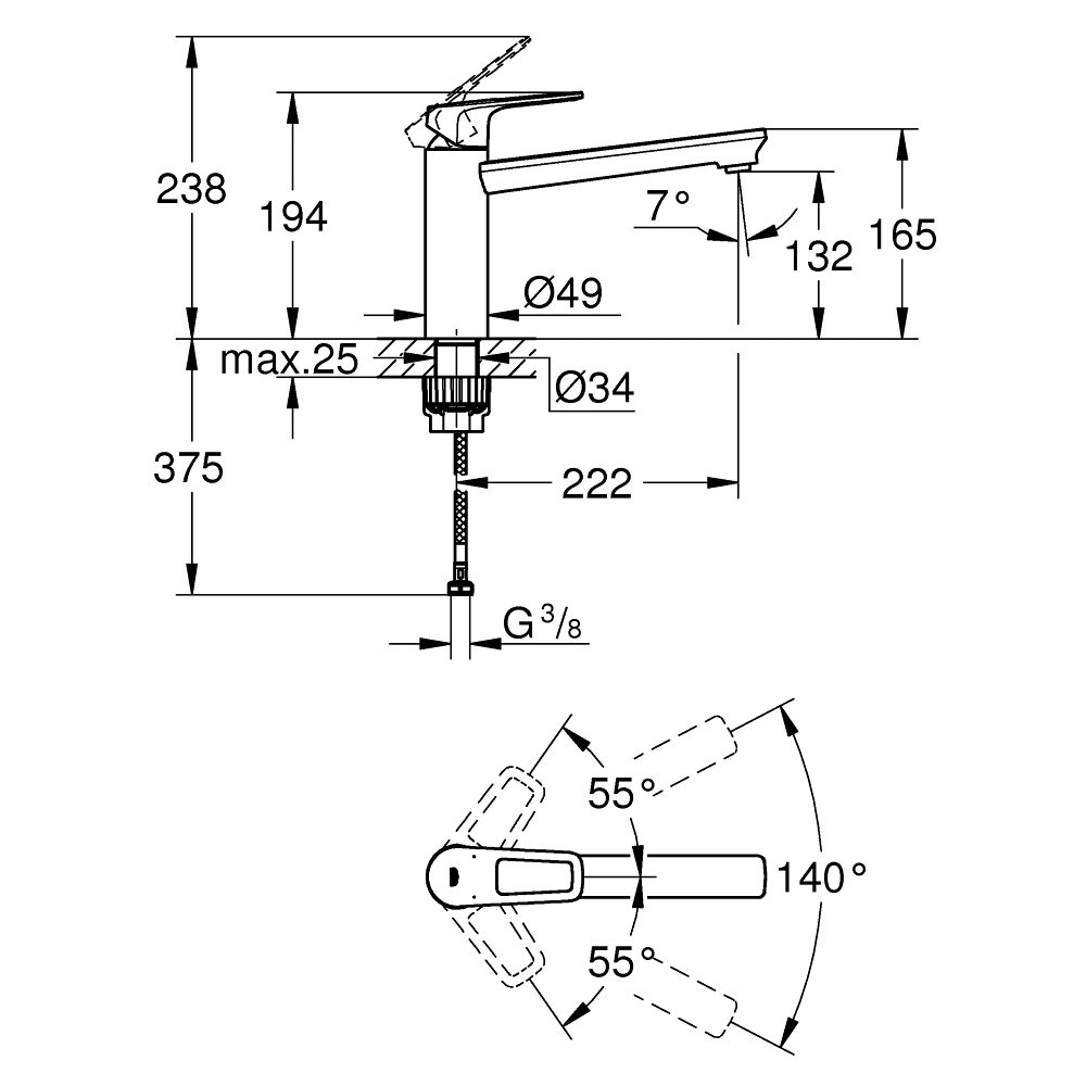 Размеры Хромированный смеситель для мойки Grohe BAULOOP 31706000