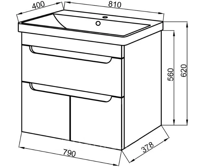 Размеры Умывальник с тумбой с ящиками 80 см шириной Юввис Семпри с раковиной SEMPRE СМ-81П-СМ