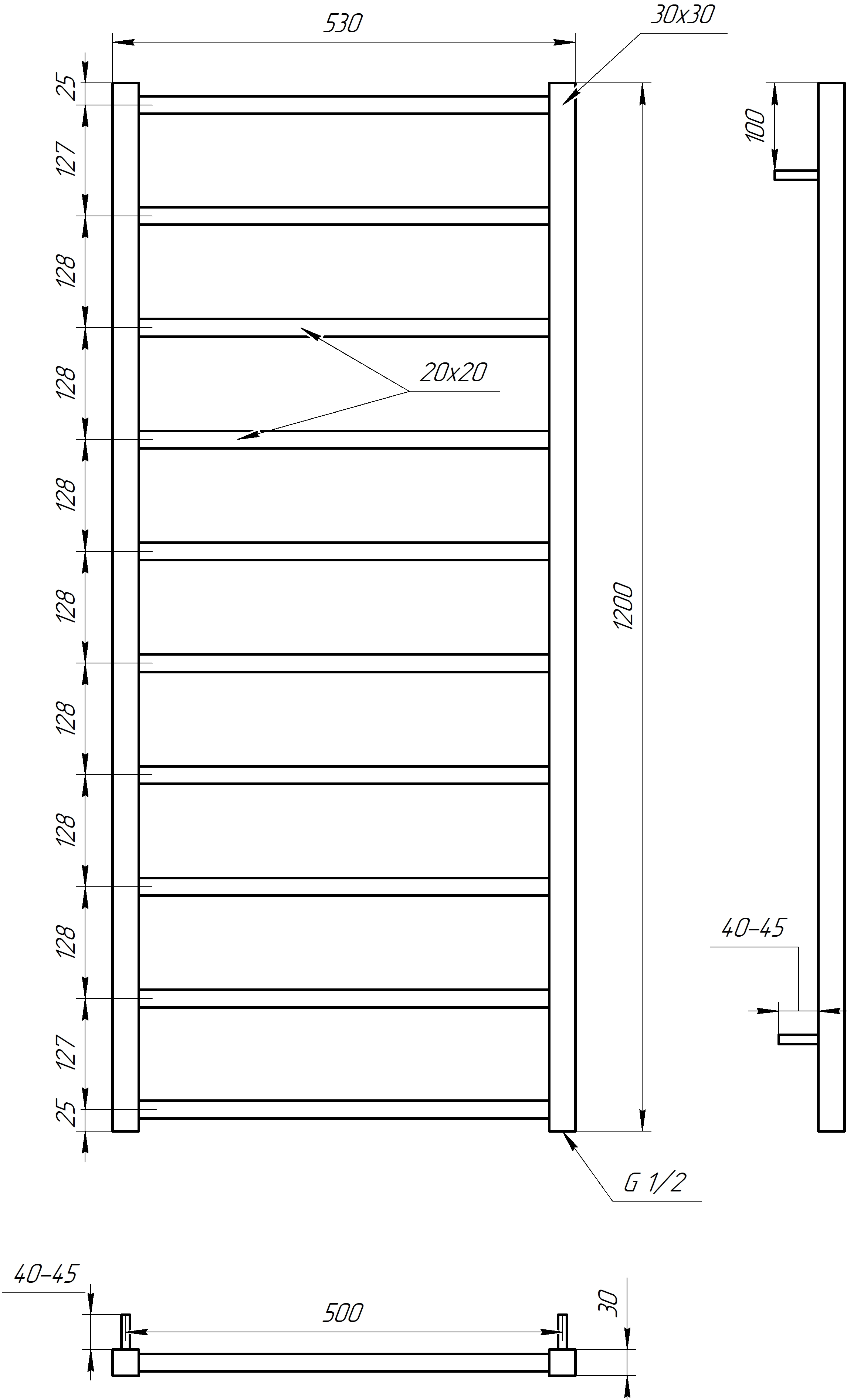 Размеры Полотенцесушитель водяной 530x1200, Genesis-Aqua Terra Черный, 30x20 ВР 1/2 д 1803