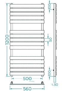 Размеры Полотенцесушитель водяной из плоской трубы 560х1200 Mario Бетто Хром 30x20 ВР 1/2 д 4820111354788